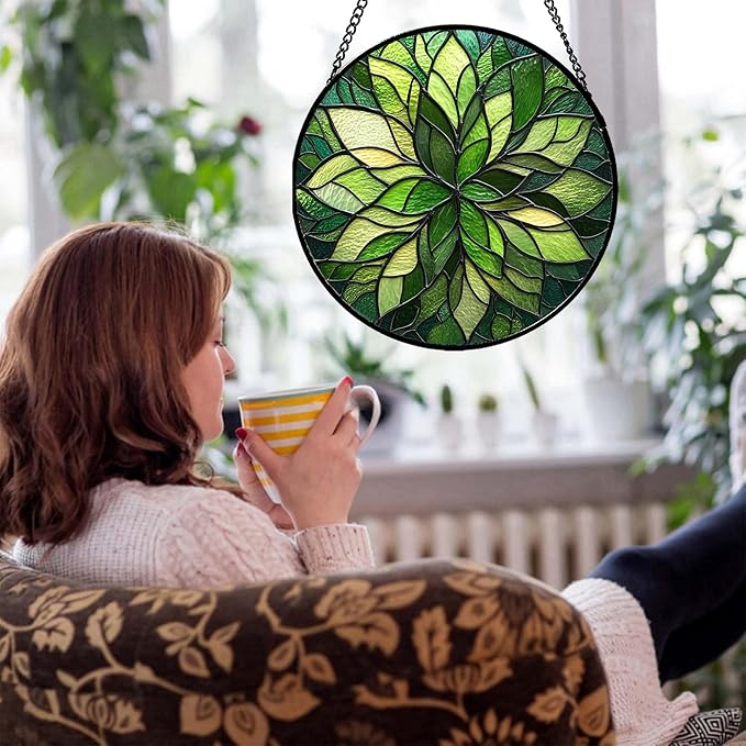 Stained Glass Window Hanging - Green Gradient Flowers Suncatcher for Doors Window Home Plant Sun Catchers Decor Christmas Mother's Day Birthday Gifts for Teacher Women Men Mom Nana 7.8 in