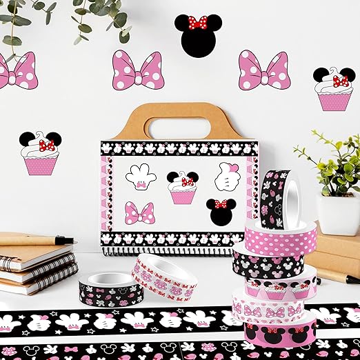 12 Rolls Cartoon Mouse Washi Tape Set - 0.6 Inch x 16.4 Ft Each, Pink Cute Mouse Design Decorative Paper Tape for Scrapbooking, Gift Wrapping, DIY Crafts & School Supplies