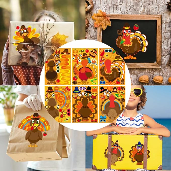 24 Sheets Make a Turkey Stickers, Thanksgiving Stickers for Kids, Make Your Own Turkey Sticker, Thanksgiving Party Favors Supplies, DIY Craft Game Classroom Teacher Reward