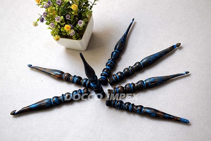 Handmade Ergonomic Wooden Crochet Hooks for Arthritic Hands (Set of 7) Needles for Yarn Accessories | Size 4 mm to 10 mm with Engraved | Yarn Tool (Blue)