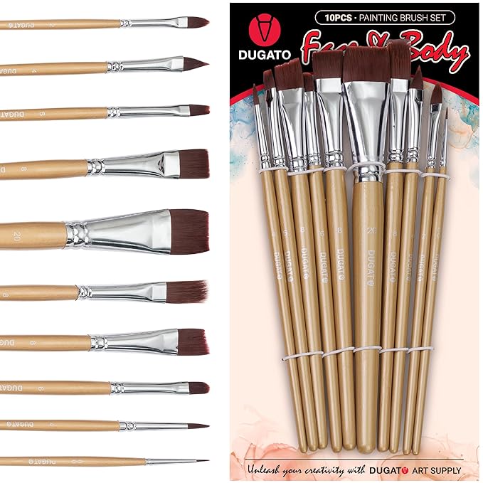 DUGATO 10pc Face Paint Brush Set - Professional Synthetic Brushes for Face & Body Painting, Makeup, Cosplay | Ideal for Beginners & Artists