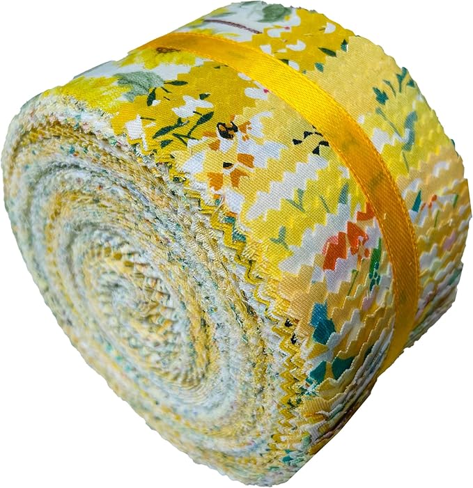 LUMANSUO Jelly Roll Fabric - 10 Assorted Floral Prints, 100% Cotton, 40 Pre-Cut Strips (2.5 x 44 Inch) Fabric for Quilting and Sewing,Yellow