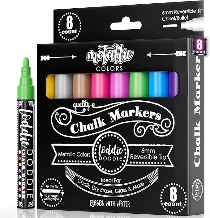 Loddie Doddie Metallic Liquid Chalk Markers - Pack of 8 6mm Reversible Tips - Bold Metallic Ink & Chalk Markers for Blackboard - Easy Erase on Glass & Windows, Glass Board & Window Pens