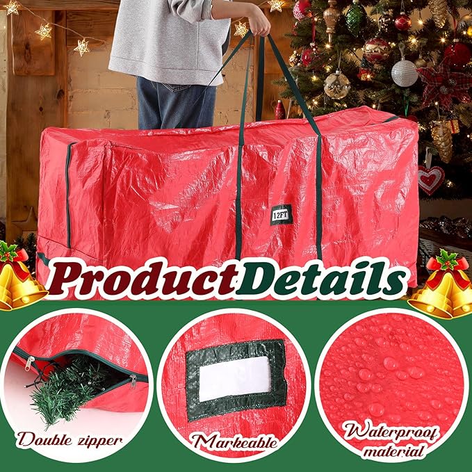 Amylove 4 Pcs Large Christmas Tree Storage Bags Heavy Duty Xmas Zippered Bags Bulk Waterproof Plastic Christmas Tree Container with Carry Handles(12 Ft/ 7.5 Ft/ 4.5 ft,Red/Green)
