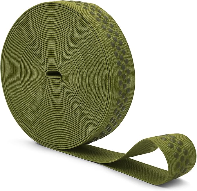 Mandala Crafts 1 Inch Elastic Silicone Gripper Tape for Clothing - 10 Yds Dotted Non Slip Elastic Band for Sewing - Olive Green Silicone Flat Fabric Stretchy Ribbon Straps