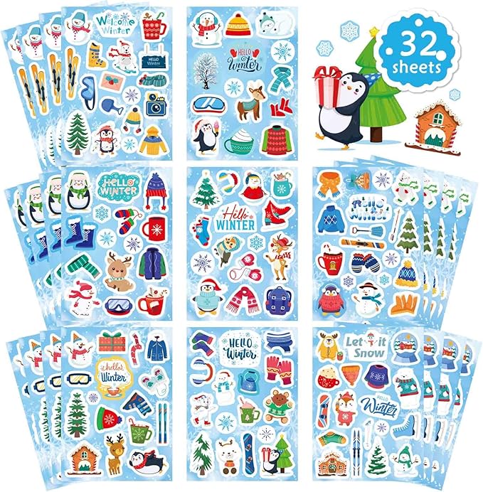 564 PCS Winter Stickers for Kids, Hello Winter Theme Stickers with Christmas Tree Snowman Snowflake Penguin, Winter Holiday Stickers for Gifts Christmas Party Favors