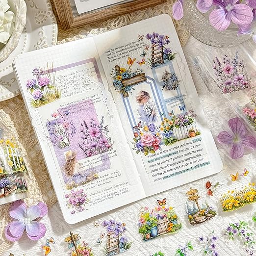 Misty Island Florals PET Pre-Cut Floral Tape Set - 6 Rolls Clear Flower Sticker Strips + 1 Clip for Scrapbook Journals Junk Journal Coastal Cottage DIY Décor