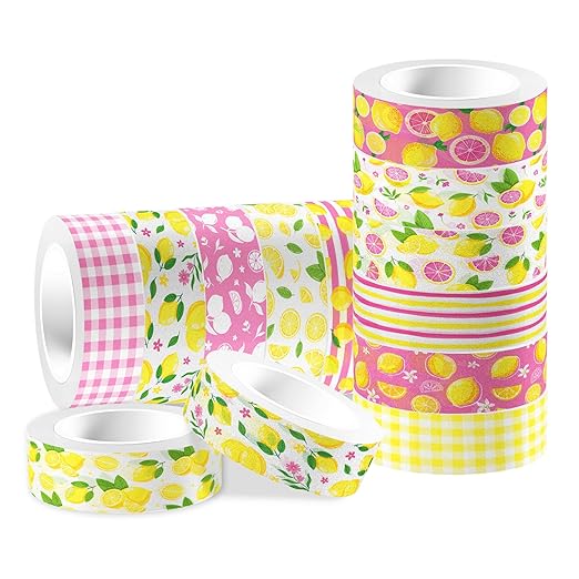 12Rolls Pink Lemon Patterns Washi Tape Set, Fruit Lemon Decorative Wahi Tape Sticker for DIY Arts Crafts, Jounal Book, Scrapbooking Card Making Supplies