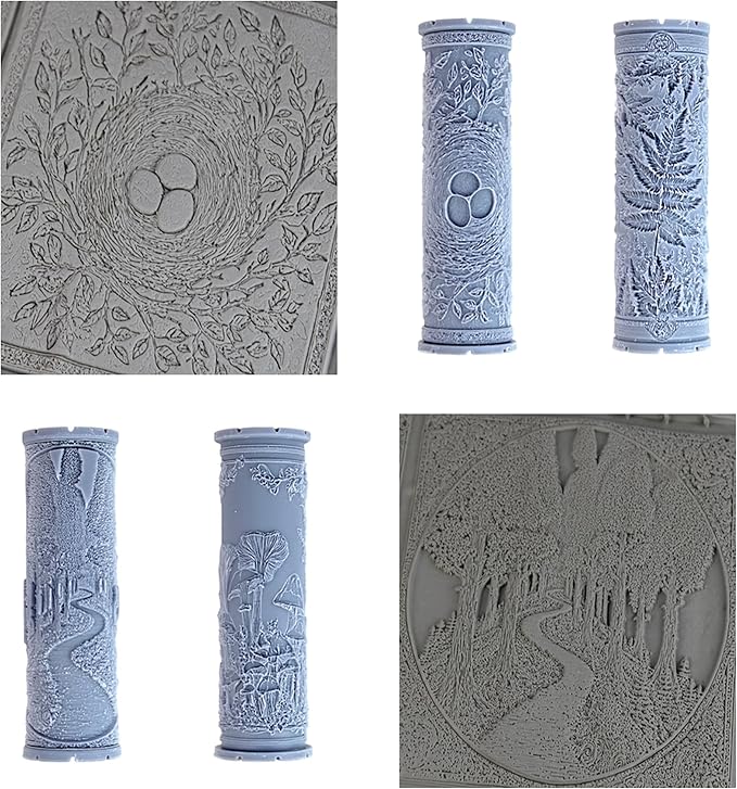 Forest Features Collection 4-Pack Clay Texture Rollers (4") - Forest Set #01 - Embossing Pattern Rollers for Polymer & Ceramic Clay, Pottery & Crafts