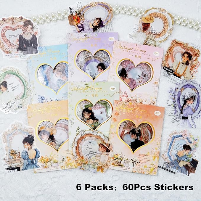 French Vintage Girl PET Sticker Set, 60PCS Scrapbook Supplies for Journaling, Planners, DIY Crafts and Gifts