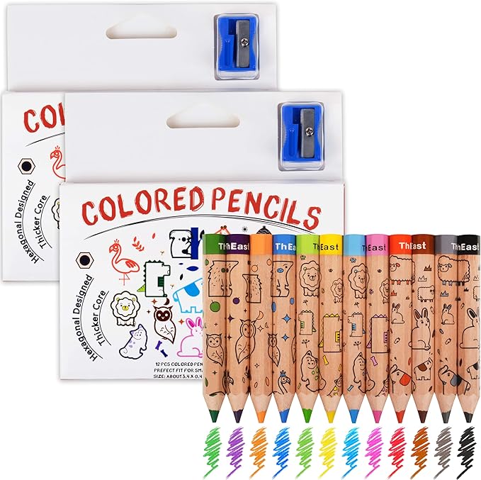 ThEast 24 Short Jumbo Colored Pencils, Cute Animal Pencils for Kids ages 3-12, Hexagonal Thick Pencils with Sharpener, Toddler Coloring Pencils Set, Pre-Sharpened(2 Sets of 12)