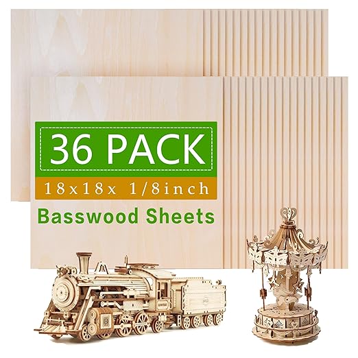 36 Pack Basswood Sheets Board 1/8 Inch Unfinished Wood,3mm Plywood for Laser Cutting,Boards for Crafts for DIY Plywood Sheets Unfinished Wood for Laser Cutting (18inchx18inch)