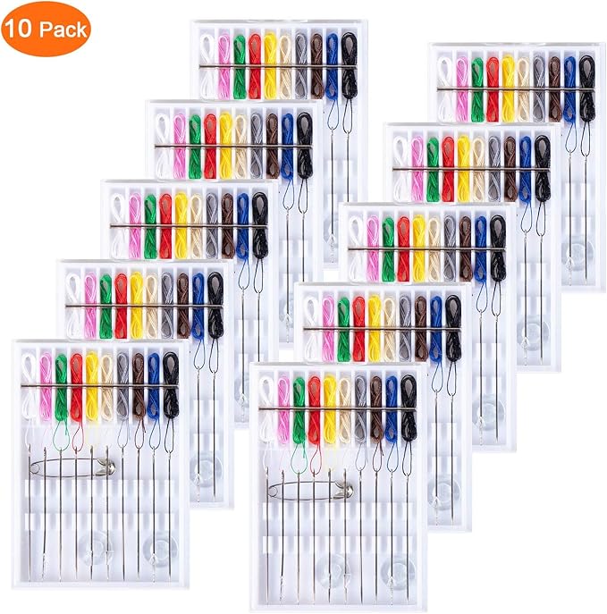 SoFire 10 Boxes Home and Travel Quick Fix Sewing Kit Pre Threaded Needle Kit, Each Box with 10 Pieces