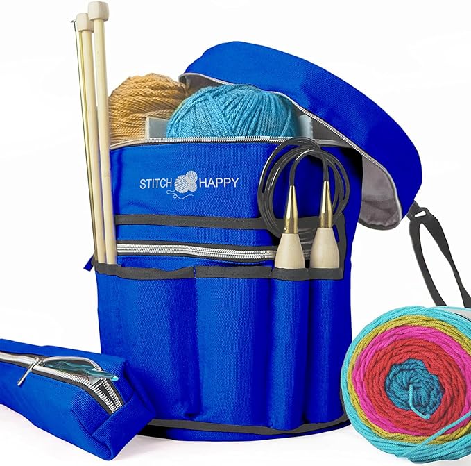 Stitch Happy Knitting Bag (Cobalt): 7 Pocket Yarn Bag, Knitting Tote, Yarn Storage, Crochet Storage