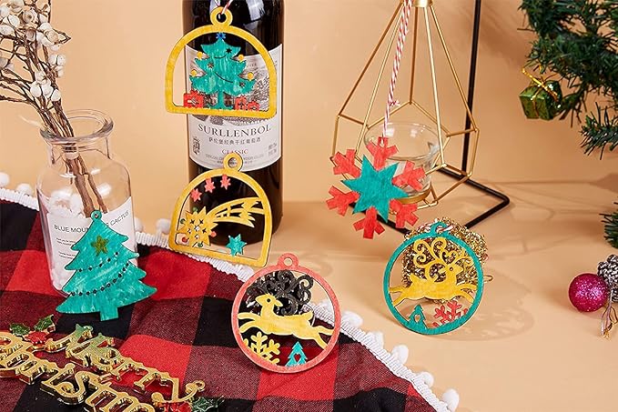 Artmag 50pcs Unfinished Wooden Hanging Ornaments for Christmas Decorations,5 Styles DIY Wood Slices with Holes for Crafts Centerpieces Holiday Hanging Decorations