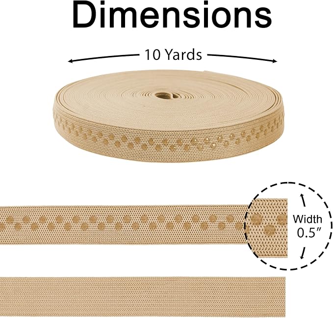 Mandala Crafts 0.5 Inch Elastic Silicone Gripper Tape for Clothing - 10 Yds Dotted Non Slip Elastic Band for Sewing - Tan Silicone Flat Fabric Stretchy Ribbon Straps