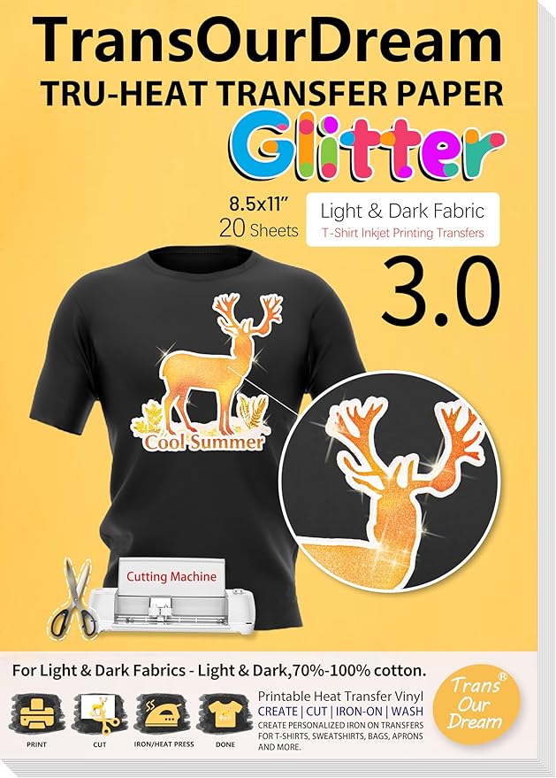 TransOurDream Glitter 3.0 Heat Transfer Paper for Inkjet Printer (20 Sheets, 8.5x11'') Printable Heat Transfer Vinyl for T Shirts Iron on Transfers for Light & Dark Fabric (TOD-GL3-20)