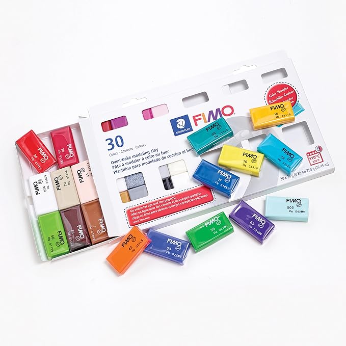 STAEDTLER FIMO Soft Oven-Bake Polymer Modeling Clay: 30 Piece Starter Kit for Jewelry, Scultpting, and Crafting for Beginners, Assorted Colors (0.88 oz Blocks), Adult Crafts and Creative Gifts