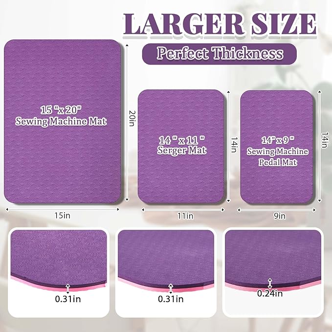 3 Pcs Sewing Machine Muffling Mat Pedal Mat Sewing Machine Pad No Slip Rubber Stay in Place Mats for Calms Vibration(Pink Purple,15 x 20 Inch,14 x 9 Inch,14 x 11 Inch)