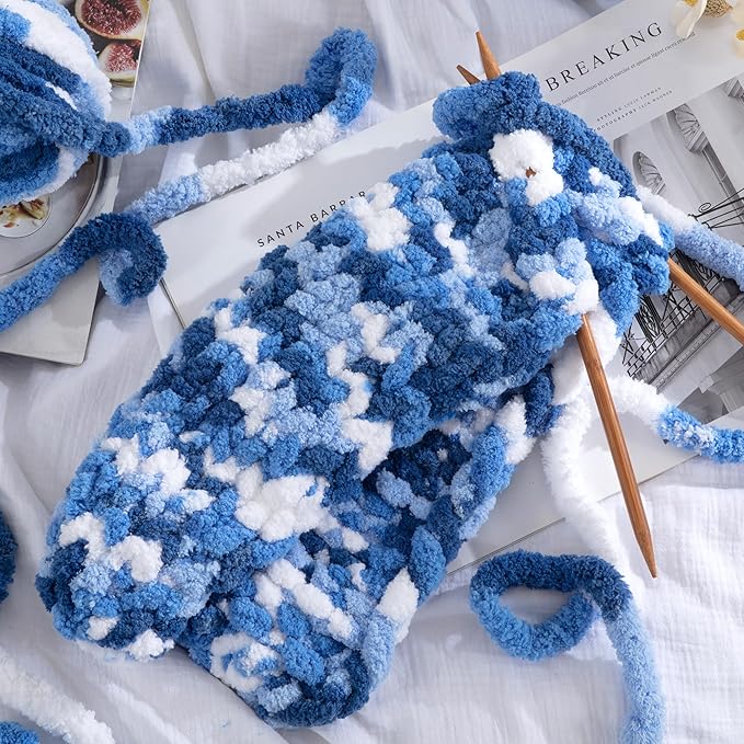 Hombys 8 Pack Giant Chunky Yarn for Crocheting/Hand Knitting, Super Bulky Soft Fluffy Tie Dye Plush Fuzzy Mixed Color Thick Chenille Yarn (Blue, Light Blue, White)