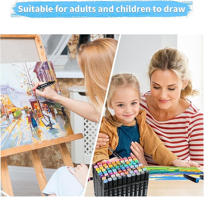 80 Colors Alcohol Markers Set, Dual Tip (Fine & Chisel) Coloring Markers, Permanent Art Drawing Marker for Kids Sketching Adult Coloring with Case and Holders (80 Colors - Black)