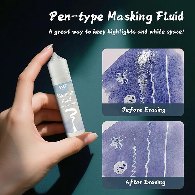 Masking Fluid for Watercolor Painting - 60ml White with a Paintbrush and Eraser - Art Masking Fluid Pen Watercolor Medium Art Supplies for Artists