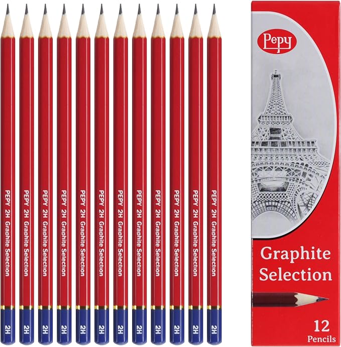 Pepy Graphite Professional Drawing Pencils - Set of 12 2H Pre-Sharpened Black Lead Pencils; Perfect for Drawing, Sketching and Shading, Graphic and Fine Art