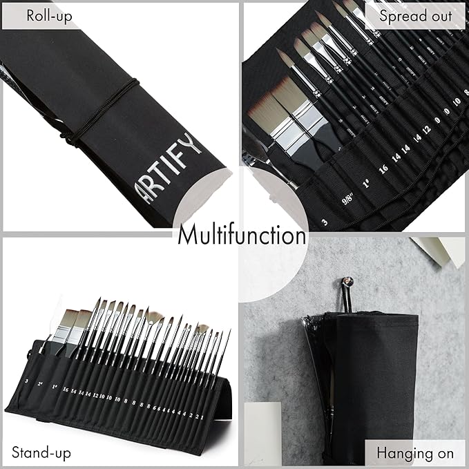 ARTIFY 25 Pieces Professional Paint Brush Set – Expert Series Synthetic Nylon Brushes for Acrylic, Oil, Watercolor, Gouache – No Shedding, Canvas Roll Case & Palette Knife, Artist Gifts Art Supplies