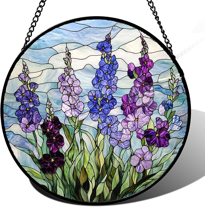 Stained Glass Window Hanging - Blue Purple Delphinium Suncatcher for Door Garden Home Decor Birth Flower Sun Catcher Birthday for Friend Lovers Women Mom Nana 15 in