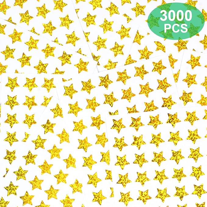 3000 PCS Star Stickers, 0.6" Sparkly Holographic Stickers, Kids Rewards Holographic Gold Star Stickers, Foil Star Stickers for Behavior Chart, Student Planner, School Classroom Teacher Supplies, DIY