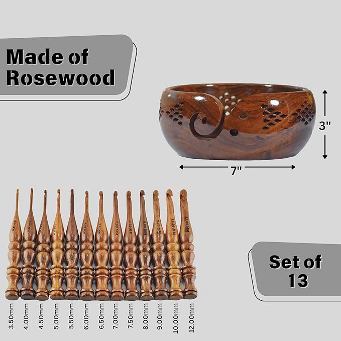 DnU Avenue Sheesham Wood Set of 13 Ergonomic Crochet Hooks 3.5 MM to 12 MM, Wooden Yarn Crochet Hooks for Arthritic Hands, Knitting & Crochet Storage, Soft Grip, Wood finish, Brown (Hooks with Bowl A)