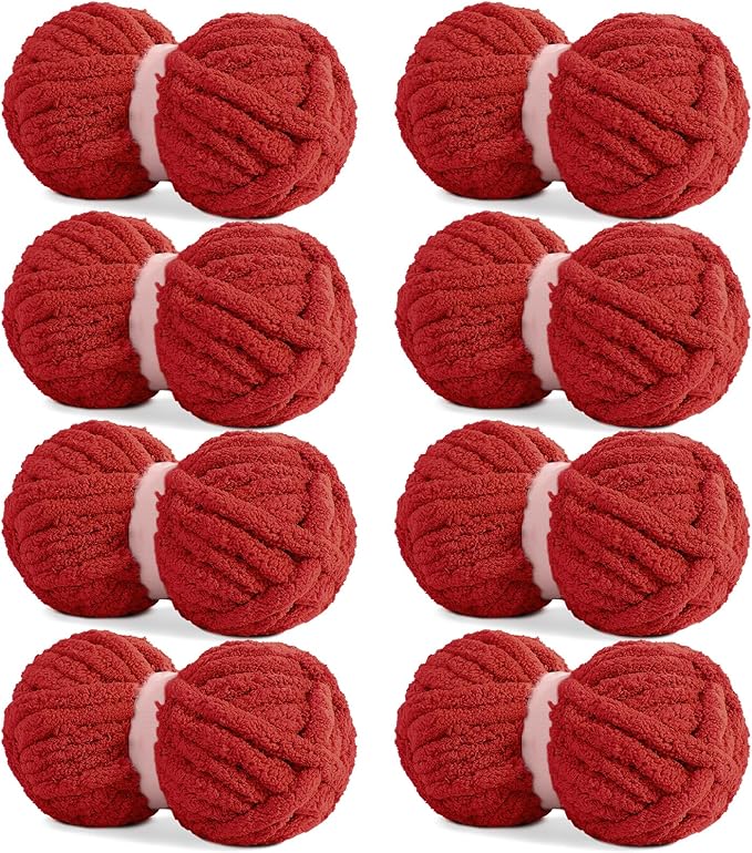 HOMBYS Red Chunky Chenille Yarn for Hand Knitting,Fluffy Soft Jumbo Yarn Crocheting,Super Bulky Big Yarn for Chunky Blanket,Large Thick Arm Knitting Yarn,8 Pack Plush Yarn