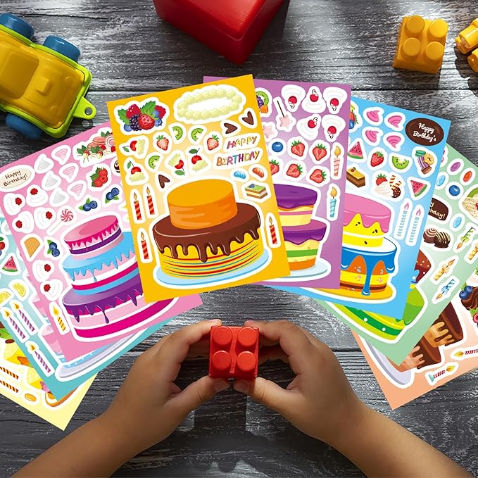 DUJAA 24 Sheets Birthday Stickers, Make-a-Cake Sticker for Kids, Birthday Cake Sticker Set, Color, Cartoon Style, Paper Material, Indoor Use, Kids' Party Gift, Scrapbook Decor, 24 Count