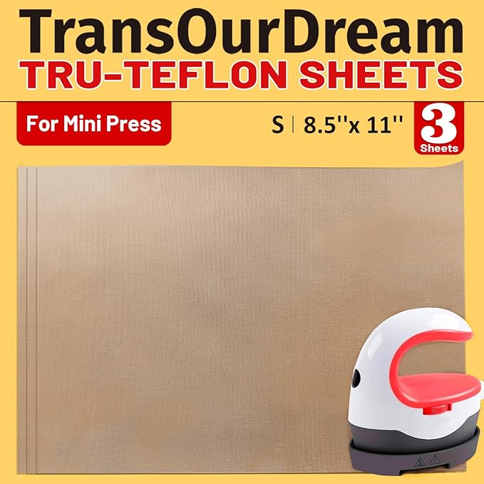 TransOurDream 3 Pack PTFE Teflon Sheets Size S 8.5 x 11" for Mini Heat Press Heat Resistant Craft Mat Sublimation Paper and Heat Transfer Paper Reusable