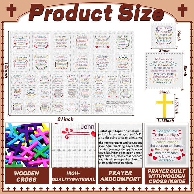 Pocket Prayer Quilt Panel Squares with Small Wooden Crosses Heart Shaped Mini Scripture Pocket Prayer Quilt for Friend Family Religious Spiritual Gift Christmas Reward Gift
