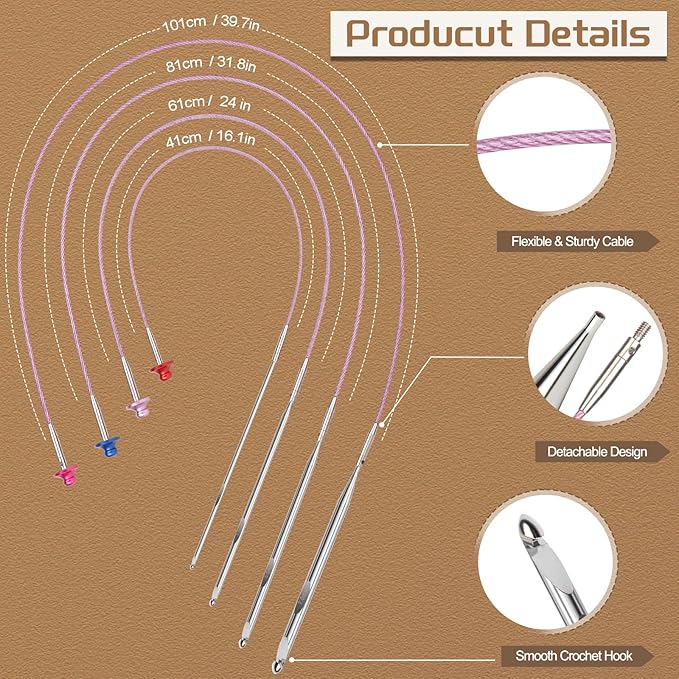Aeelike Interchangeable Tunisian Crochet Hooks Set, 12 Sizes Tunisian Crochet Hooks Set with Cables 3.0mm - 10.0mm Smooth Ergonomic Hook for Making Blanket Scarves, Ideal Gift
