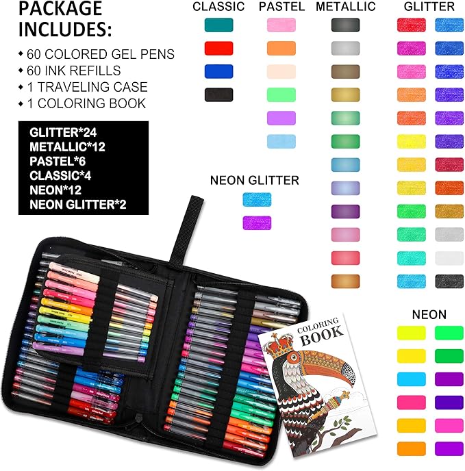 Lelix Gel Pens, 120 Pack Gel Pen Set, 60 Unique Colors with 60 Refills for Adults Coloring Books Drawing Doodling Crafts Scrapbooking Journaling