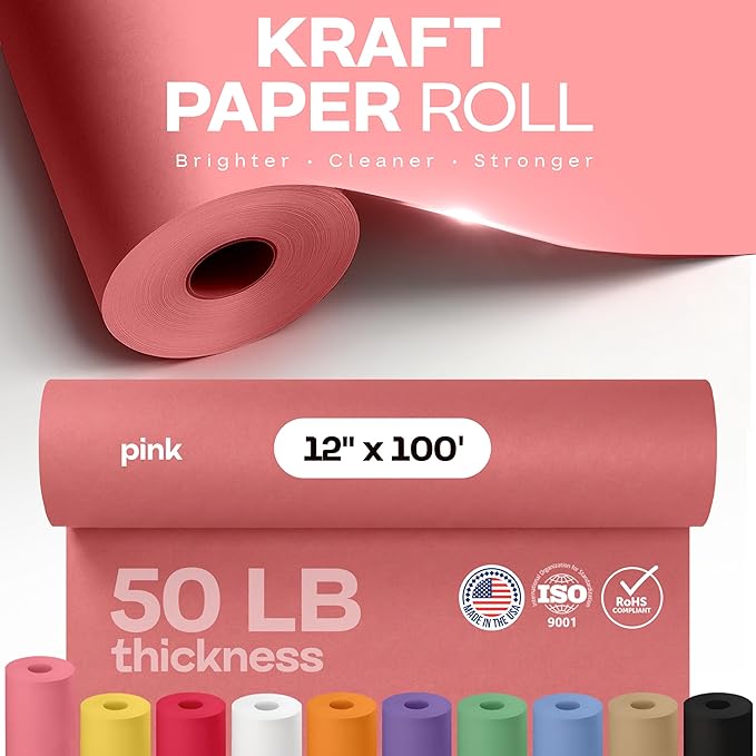 12" x 1200" (100 feet) Pink Kraft Paper Roll - USA-Made Quality Craft Paper for Gift Wrapping, Kids' Arts & Crafts, School Projects - 100% Recycled Natural Material 50lb Thickness by IDL Packaging