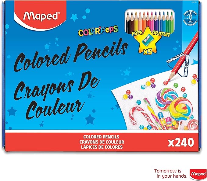 Maped - Color'Peps Triangular Colored Pencils School Pack - 240 Pack + 5 FREE Pencil Sharpeners - Vibrant Colors