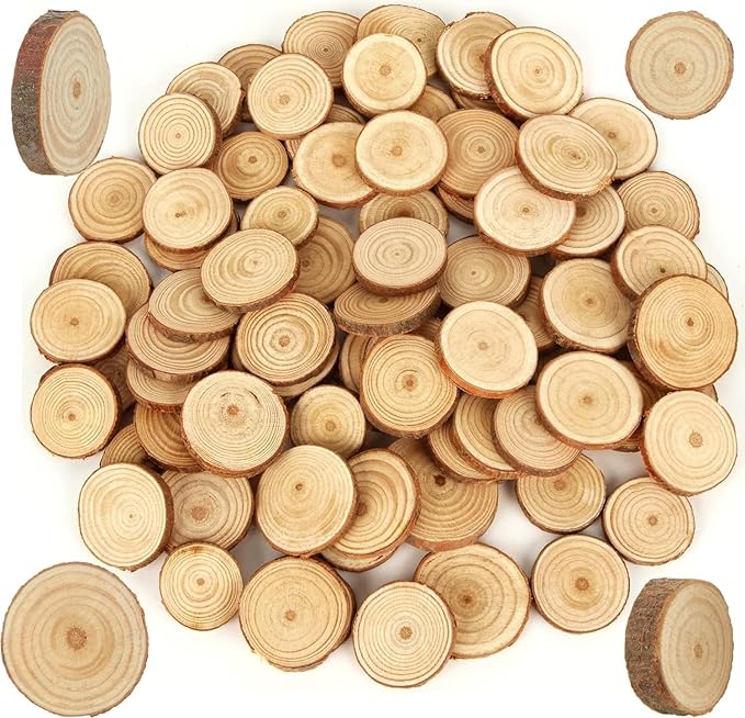 100 Pcs Wood Slices, BetterJonny Round Under 3cm Log Discs Kit with Hole Unfinished Wooden Circles for DIY, Crafts, Wedding, Christmas Decoration