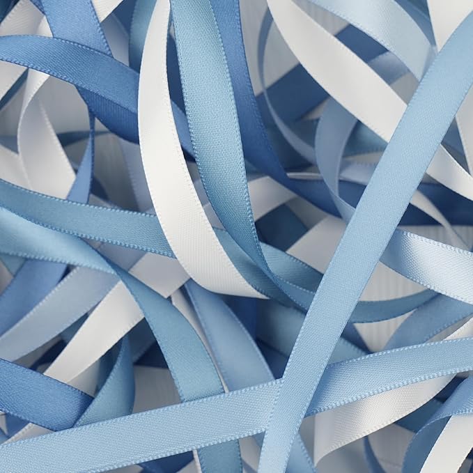 French Blue Ribbon 3/8 Inch Thin Dusty Blue Satin Ribbon 5 Rolls Assortment for Wedding Baby Shower Invitation Card Gift Wrapping Crafts - 50Yards