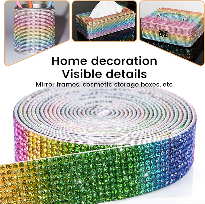 Novani Self Adhesive Rhinestone Ribbon, 0.78 Inch Wide 3 Yards 1 Roll, Rainbow Crystal Diamond Bling Strips for DIY Crafts,Home Decor,Glitter Glass Rhinestones Tape for Crafting,Car Decoration