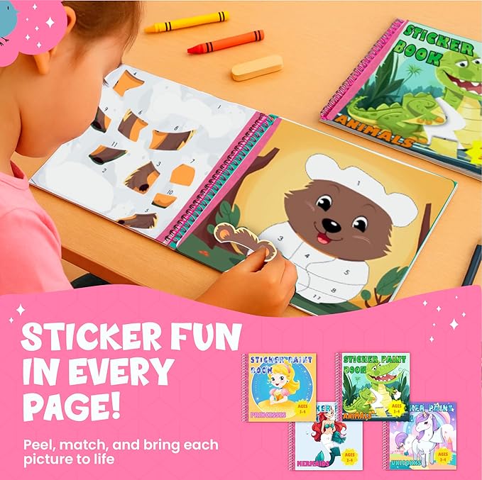 BulbaCraft 4Pcs Sticker Paint Books - Sticker Books by Number with Mermaids, Princesses, Animals and Unicorns - Coloring Activity