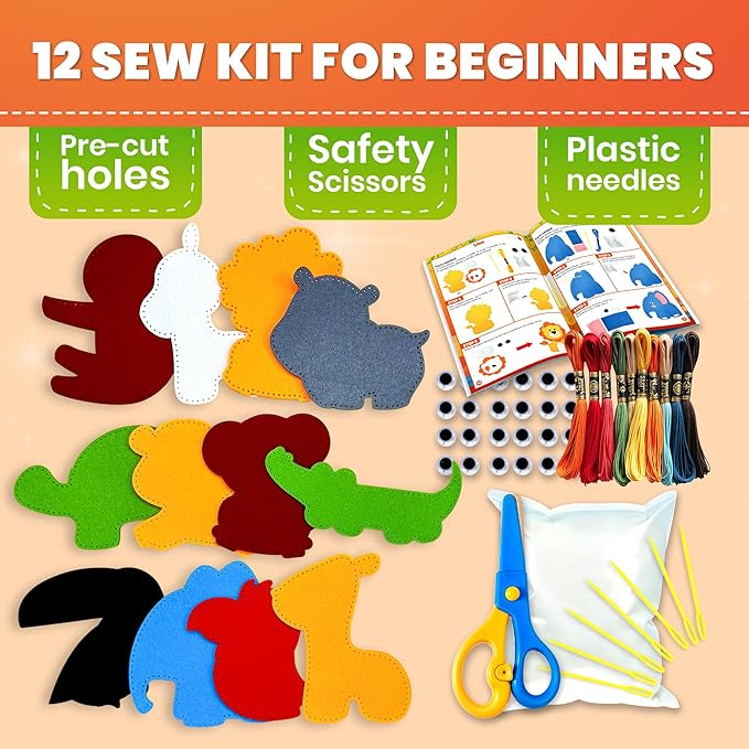 QUOKKA Kids Crafts Ages 4-8, DIY Beginner Needle and Thread Kit - 12 Wild Animals Sewing Kit Basic - Fun Arts Crafts for Kids Ages 6-8 Girls Boys - Plastic Needles, Scissors - 6+ Year Old Girl Gifts