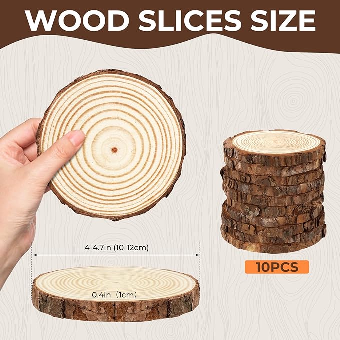 FSWCCK Unfinished Wood Slices for centerpieces,Round Wooden Discs with Tree Bark,Wood Cookies Circles for Crafts Christmas Ornaments,Wood Slice for Rustic Wedding Decoration (4"- 4 .7")