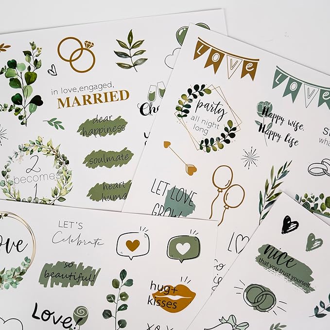 4Sheets Green Wedding Celebration Stickers for Bridal Scrapbooking, Pastel Watercolor Self-Adhesive Waterproof Wedding Stickers for Letters,Envelopes,Bridal Shower,Anniversary Invitations,Guestbook