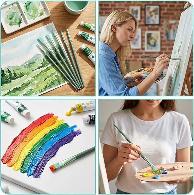6 Pcs Nylon Hair Brushes for Paint by Number, Acrylic Paints Brush Set Watercolor Brush Oil Painting Round Flat Art Paint Brushes Kit for Beginners Adults with 2/4/6/8/10/¼ Sizes(Green)