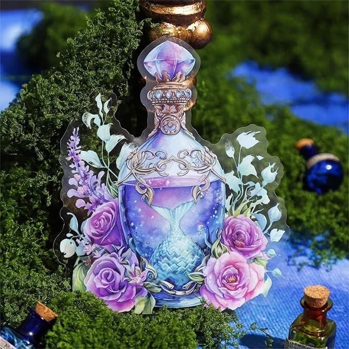 Large Floral Magical Potion Bottle Sticker Set – 60 Pcs Colorful Fantasy Potion Bottle Aesthetic Decals for Scrapbooking, Journals, Laptops Art Crafts, Witch Supplies