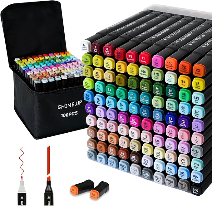 100 Colors Dual Tip Alcohol Markers Set, Chisel & Fine Point, plus 1 Colorless Blender, Professional Art Markers for Blending, Adult Coloring Books, Sketching, Architecture Design, Non-Toxic