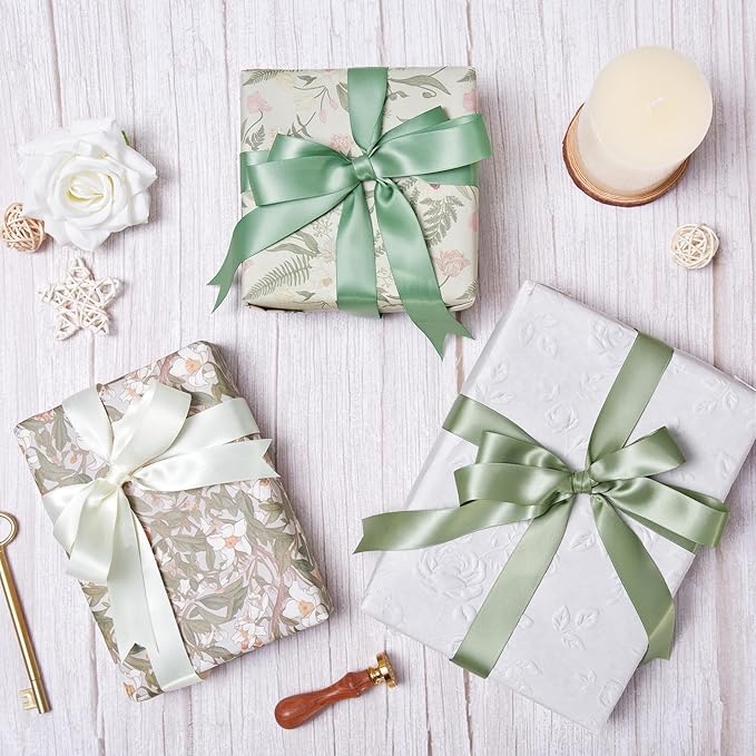 Sage Green Double Face Satin Ribbon 1 Inch x 45 Yards Moss Green Cream Fabric Ribbon for Gift Wrapping, Flower Bouquets Bows Making, Wedding Decoration, Invitations, Christmas (3 Rolls *15Yd)